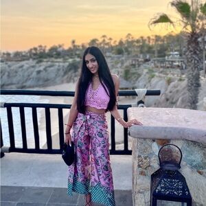 Floral Pink Women's crochet top and silk wrap around pants set beachwear